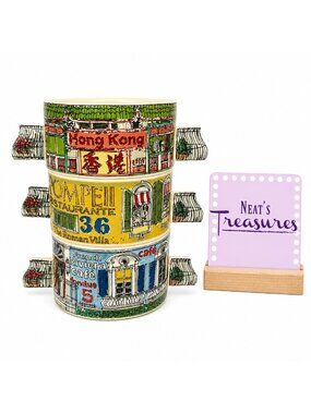 1980 Enesco Imports Roman Paris Hong Kong Town Handle Soup Chowder Bowls Set 3